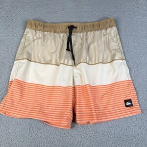 Quiksilver Swim Trunks Mens Large Tan Orange Stripe Mesh Lined Bathing Suit